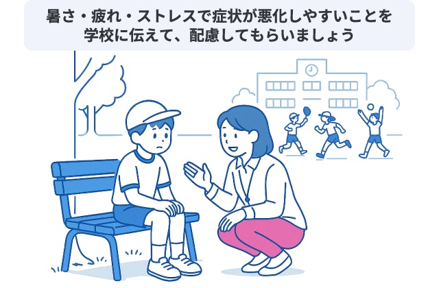 ファブリー病の学童期の子ども（小児患者）が学校生活を送る上で必要な配慮のポイント。体育や部活動などの「暑さ」「疲れ」、精神的な「ストレス」が手足の末端の痛み（四肢疼痛）などの体調悪化の引き金になるため、学校や担任に病気の特徴を伝えてサポートを求める重要性を描いた場面。