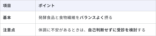 「続けられる腸活」を見つけるためのまとめとして、日々の食事の基本と、体調不安時の受診についての注意点を示した表です。