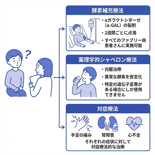 ファブリー病の3つの主な治療選択肢。1.不足している酵素を点滴で補う「酵素補充療法」、2.特定の遺伝子変異がある場合に異常な酵素を安定化させる内服薬「薬理学的シャペロン療法」、3.痛みや臓器障害ごとの症状を和らげる「対症療法」の概要イラスト。