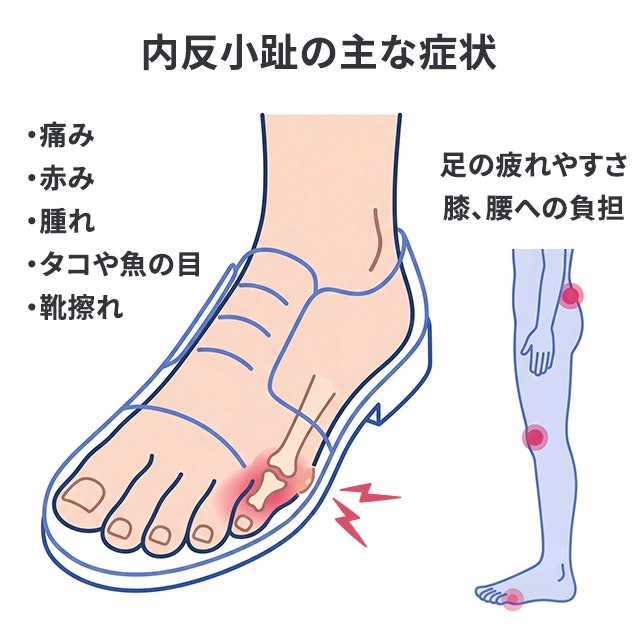 内反小趾の主な症状として、変形した小指の付け根の関節が靴に当たることによる痛み、赤み、腫れ、タコや魚の目、靴擦れがあることを解説したイラストです。進行すると足の疲れやすさや膝、腰への負担につながることを人体のシルエットで表しています。