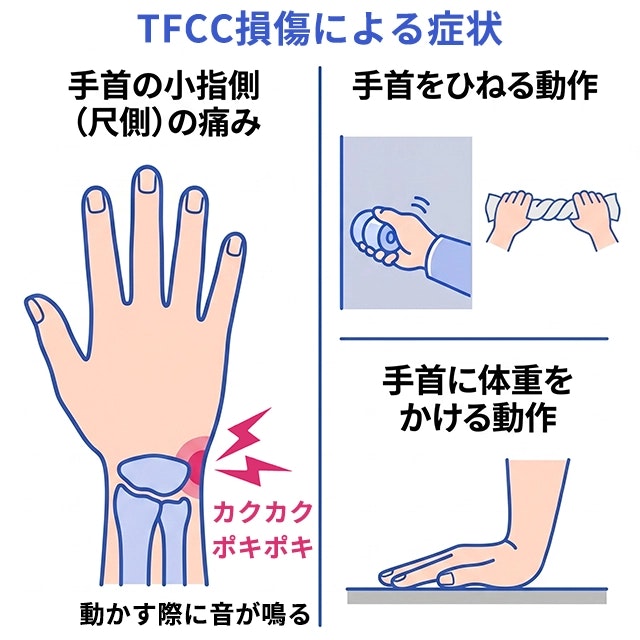TFCC損傷によって引き起こされる主な症状をまとめたイラストです。手首の小指側（尺側）に痛みが走る様子や、手首を動かす際に「カクカク」「ポキポキ」と異音が鳴る状態を示しています。さらに、ドアノブを回す、タオルを絞るといった手首をひねる動作や、床に手をついて手首に体重をかける動作をした際に痛みが生じることを視覚的に描写しています。