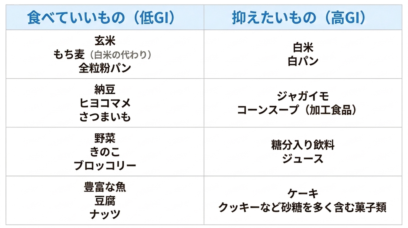 食べていいもの(低GI)と抑えたいもの(高GI)の食品例を比較してまとめた表です。1つ目の項目は主食で、低GIは玄米、もち麦(白米の代わり)、全粒粉パン。高GIは白米、白パンです。2つ目は豆・芋類などで、低GIは納豆、ヒヨコマメ、さつまいも。高GIはジャガイモ、コーンスープ(加工食品)です。3つ目は野菜や飲み物で、低GIは野菜、きのこ、ブロッコリー。高GIは糖分入り飲料、ジュースです。4つ目はおかずや間食で、低GIは豊富な魚、豆腐、ナッツ。高GIはケーキ、クッキーなど砂糖を多く含む菓子類であることが記載されています。