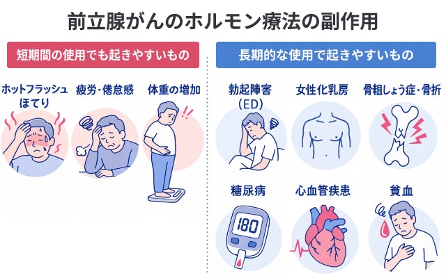 前立腺がんのホルモン療法によって引き起こされる副作用をまとめたイラスト。短期間の使用で起こりやすいほてり、疲労感、体重増加や、長期使用によるさまざまな症状を説明しています。