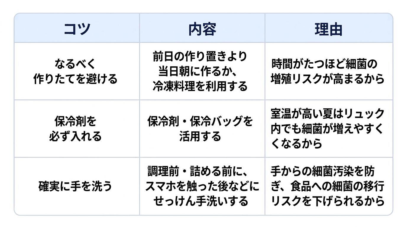 お弁当の食中毒予防の上での日常生活の工夫について、3つのコツとその内容、理由をまとめた表です。1つ目は「なるべく作り置きを避ける」で、前日の作り置きより当日朝に作るか、冷凍料理を利用することです。理由は「時間がたつほど細菌の増殖リスクが高まるから」です。2つ目は「保冷剤を必ず入れる」で、保冷剤・保冷バッグを活用することです。理由は「室温が高い夏はリュック内でも細菌が増えやすくなるから」です。3つ目は「確実に手を洗う」で、調理前・詰める前に、スマホを触った後などにせっけん手洗いすることです。理由は「手からの細菌汚染を防ぎ、食品への細菌の移行リスクを下げられるから」です。