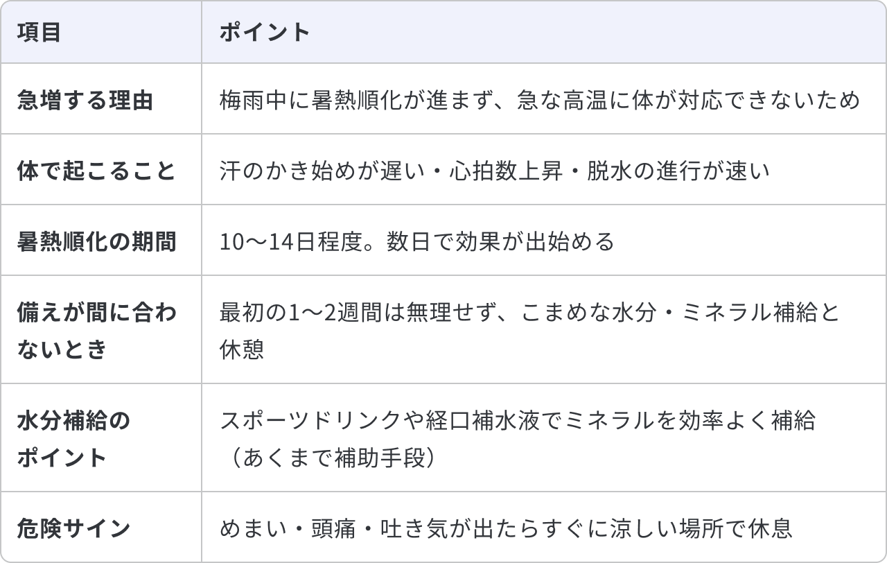梅雨明け直後の熱中症リスクと予防のポイントについてまとめた表です。熱中症が急増する理由は、梅雨中に暑熱順化が進まず、急な高温に体が対応できないためです。この時、体で起こることとして、汗のかき始めが遅い・心拍数上昇・脱水の進行が速いことが挙げられます。暑熱順化の期間は10〜14日程度で、数日で効果が出始めます。備えが間に合わないときは、最初の1〜2週間は無理せず、こまめな水分・ミネラル補給と休憩をとります。水分補給のポイントは、スポーツドリンクや経口補水液でミネラルを効率よく補給することです（あくまで補助手段です）。危険サインとして、めまい・頭痛・吐き気が出たらすぐに涼しい場所で休息することが記載されています。