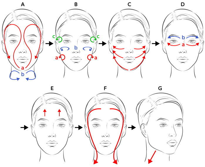 顔や首のリンパや血液の流れを助けるマッサージを説明する図です