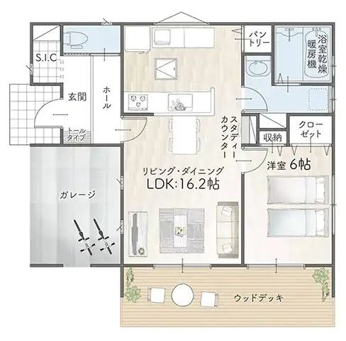 平屋1LDK～2LDK（19坪プラン）間取り