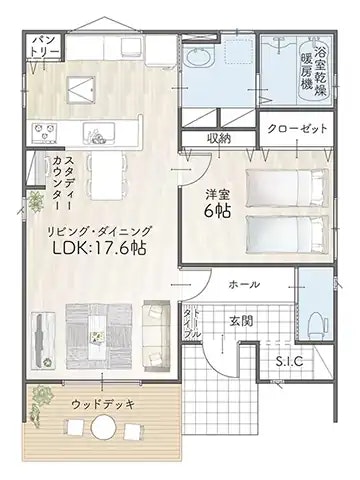 平屋1LDK（17坪プラン）間取り