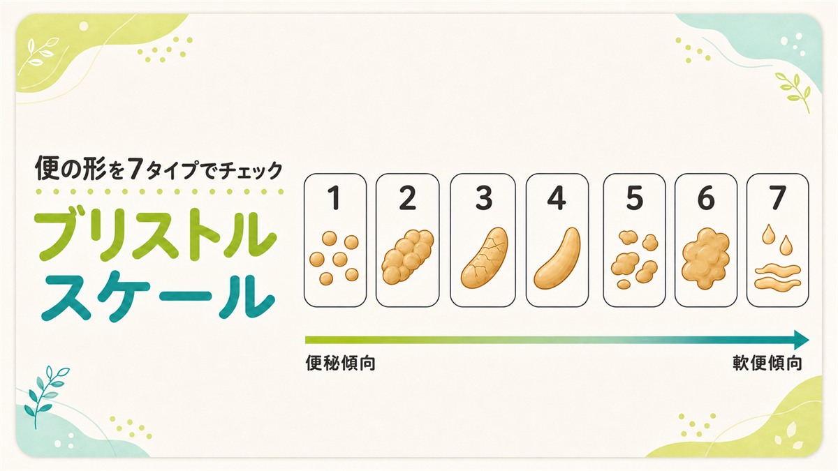 ブリストルスケール1〜7の便の形と、便秘傾向から軟便傾向への変化