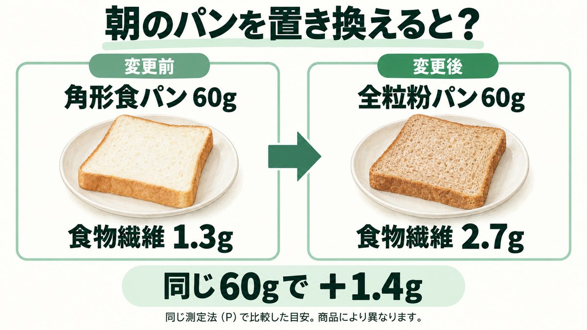 同じ60gの角形食パンと全粒粉パンを比較。食物繊維は1.3gから2.7gとなり、1.4g増える例