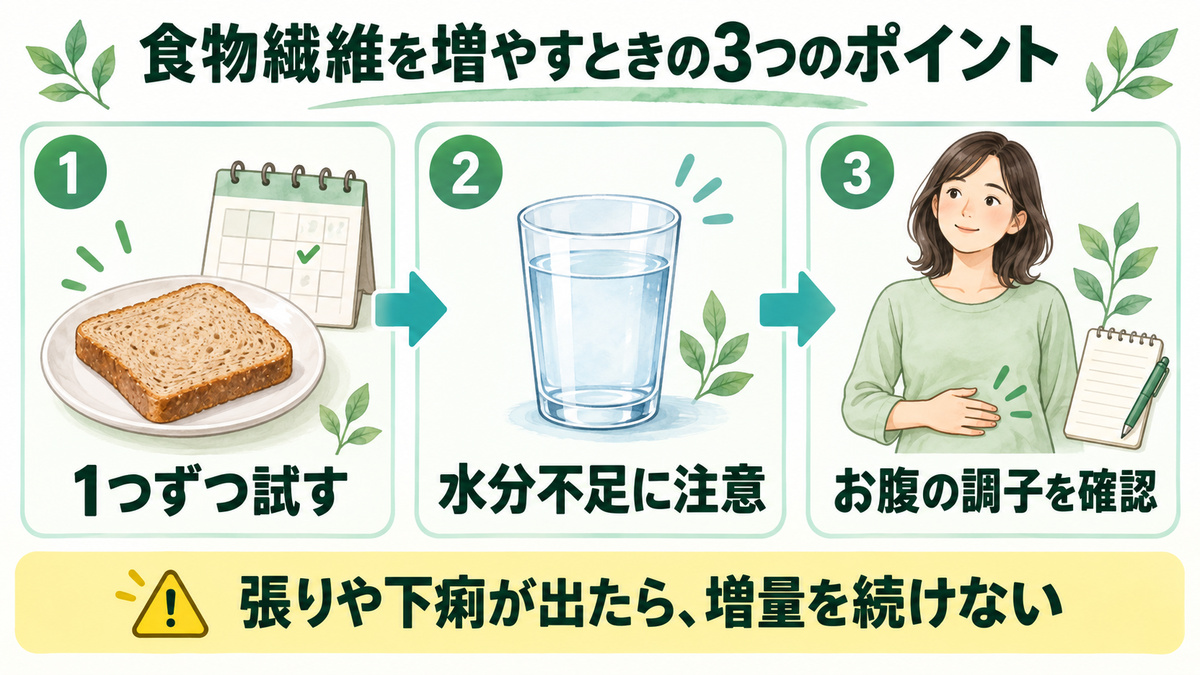 食物繊維を増やすときの3つのポイント。1つずつ試し、水分不足に注意し、お腹の調子を確認する