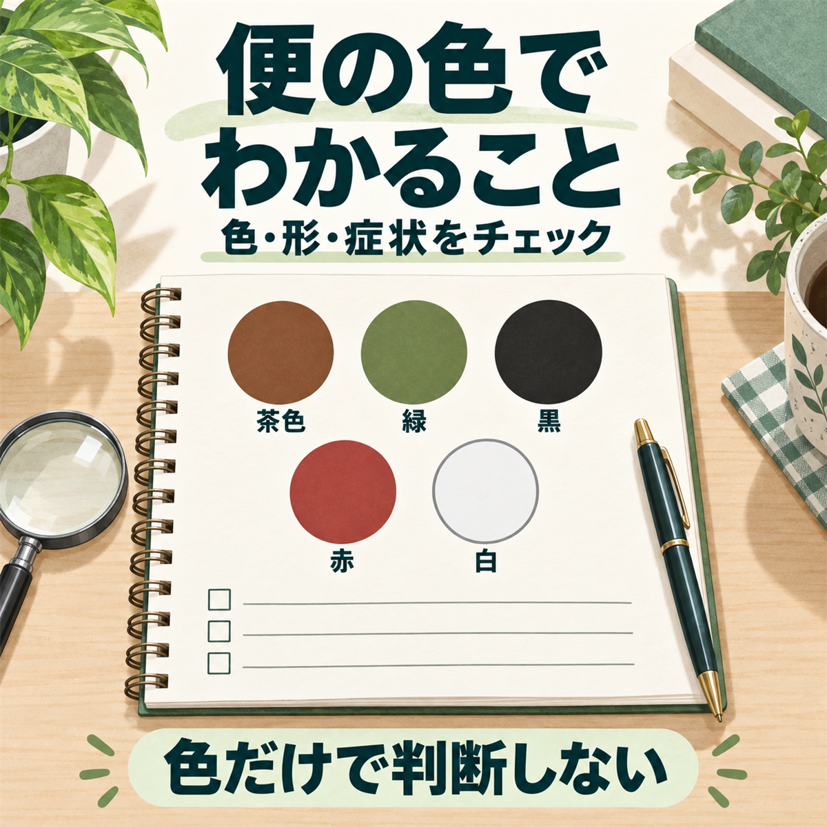 便の色でわかることは？茶色・緑・黒・赤・白の原因と受診目安