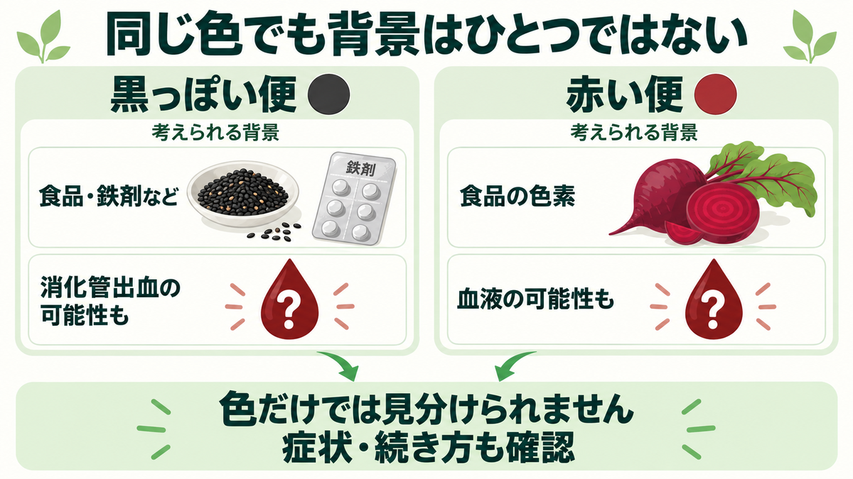 黒っぽい便と赤い便について、食品・薬の影響と出血の可能性を比較し、色だけでは見分けられないことを示す図。
