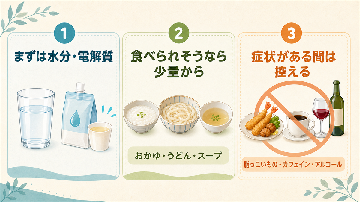 下痢のときの水分・電解質補給、少量から食べる食品、症状中に控えたい飲食物を3段階で示した図
