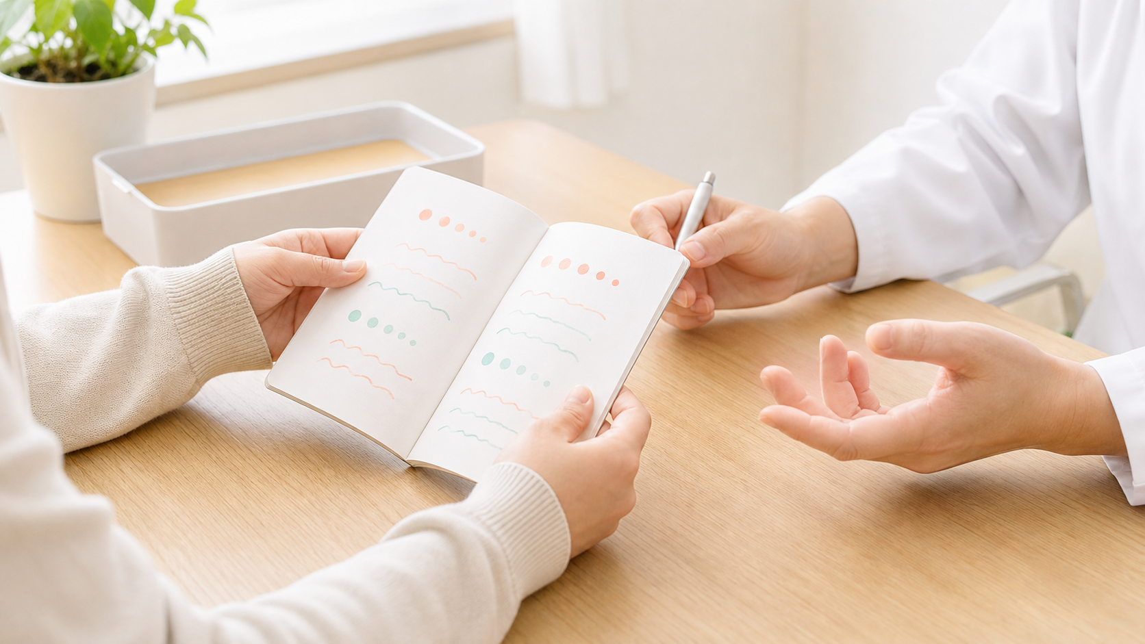 症状を記録した手帳を見ながら医療者に相談する手元