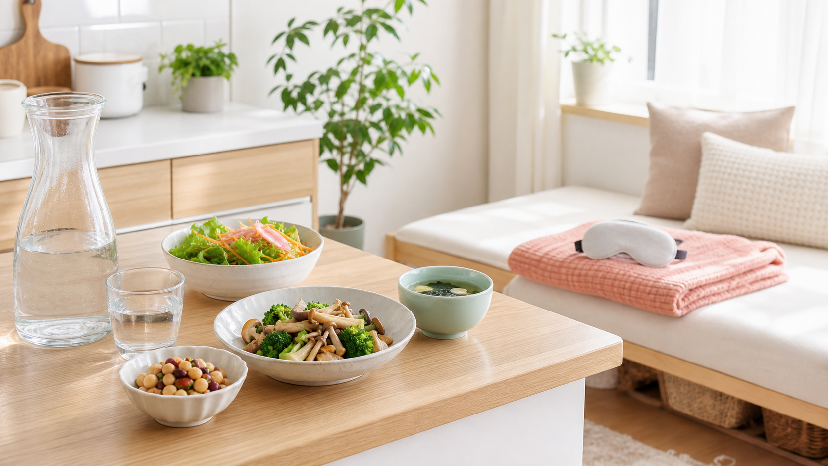 食事と水分補給、睡眠を意識した明るい生活習慣のイメージ