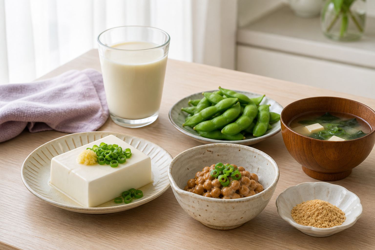 納豆・豆腐・豆乳・味噌などエクオールの材料となる大豆食品