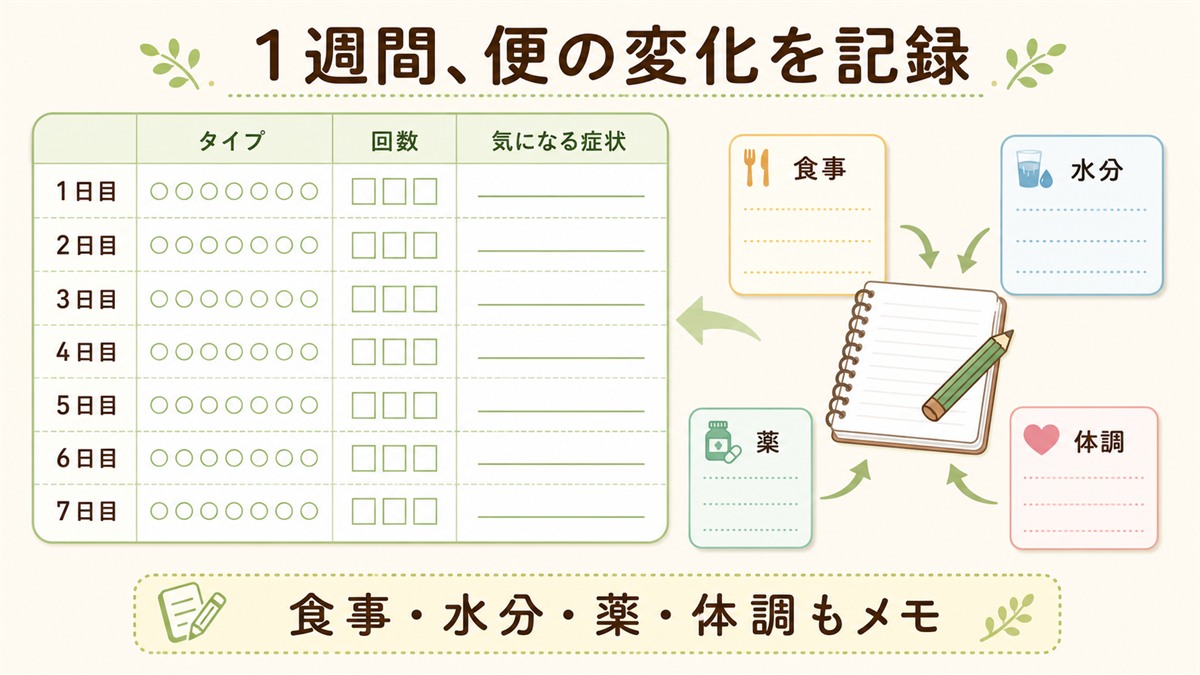 1週間の便のタイプ・回数・気になる症状と、食事・水分・薬・体調を記録する項目をまとめた図