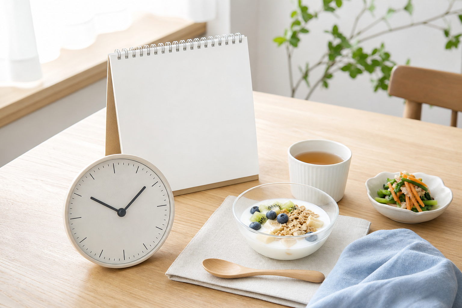 腸内環境の変化を24時間、1〜2週間、3か月の期間で示す朝食とカレンダー