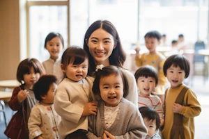 子供たちと微笑む女性