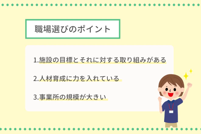 職場選びのポイント 施設の目標とそれに対する取り組みがある　人材育成に力を入れている　事業所の規模が大きい