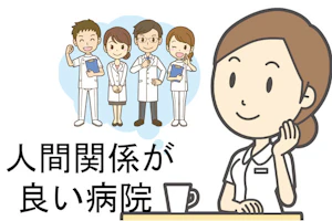 看護師が、笑顔で考え事をしている。吹き出しには、笑顔の医師や看護師。「人間関係が良い病院」の文字