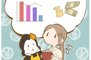 グラフとお金を気にしているカイゴリラとしーなちゃん