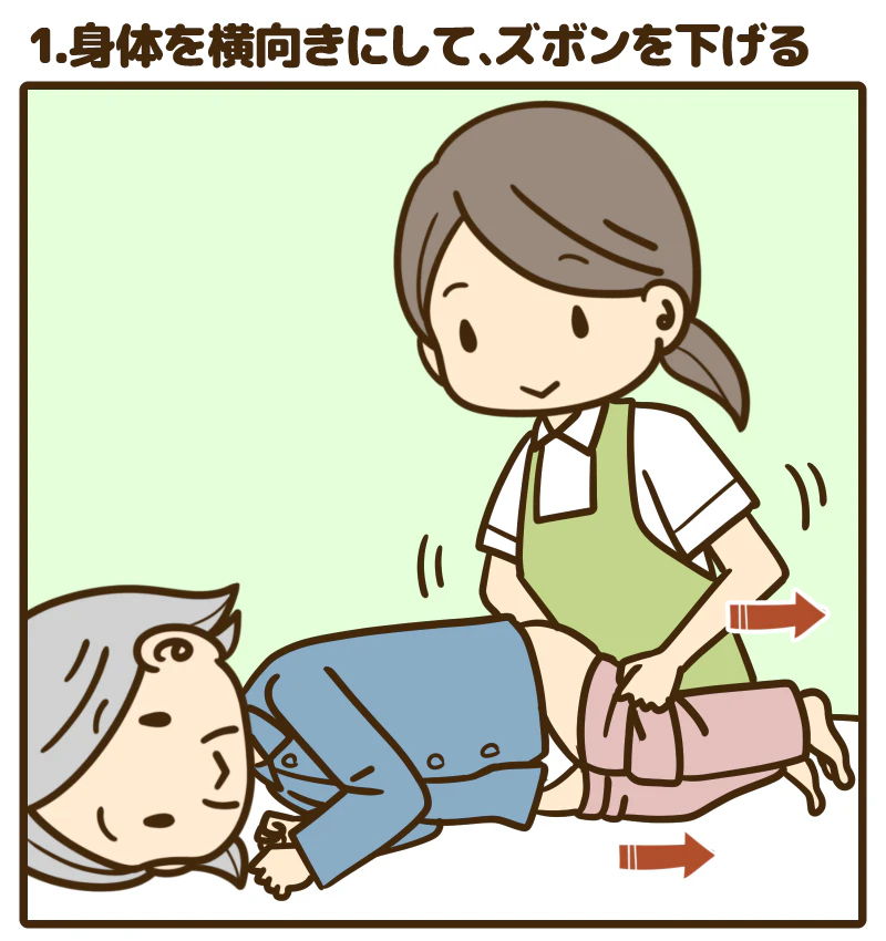 1.身体を横向きにして、ズボンを下げる