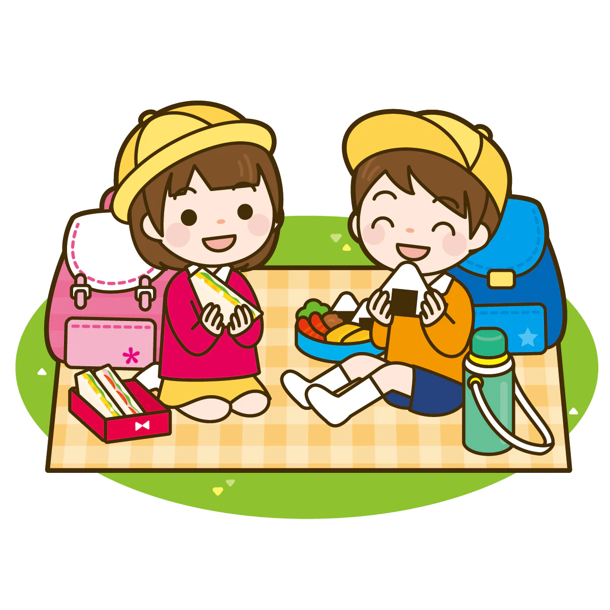 遠足でお弁当を食べる子ども