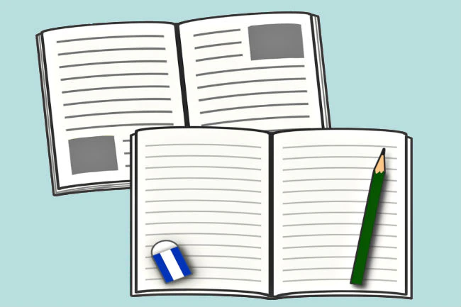 ノート、鉛筆、消しゴム