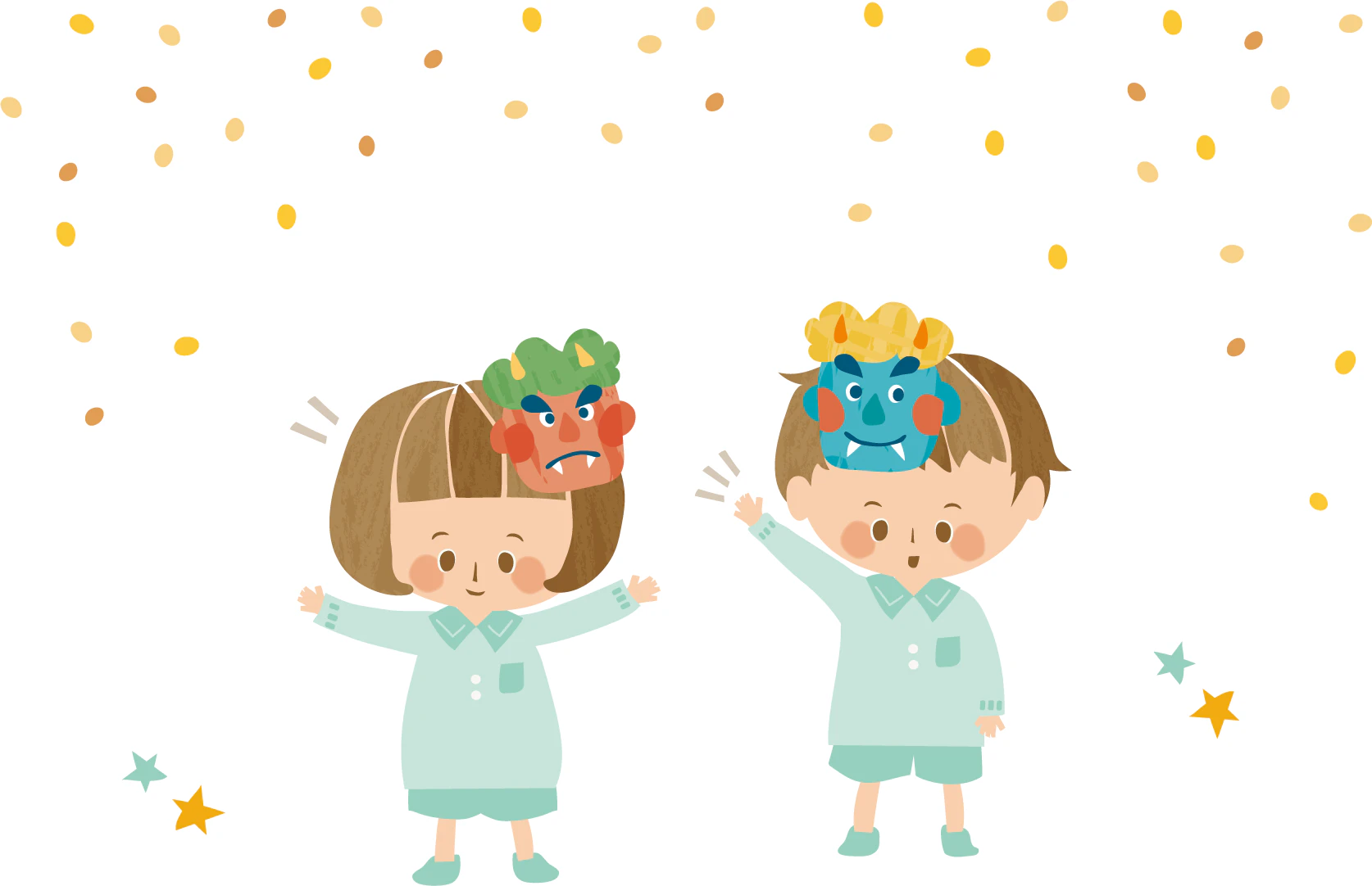 小野のお面をかぶる子どもたち