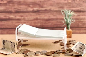 おもちゃのベッドと散乱するお金