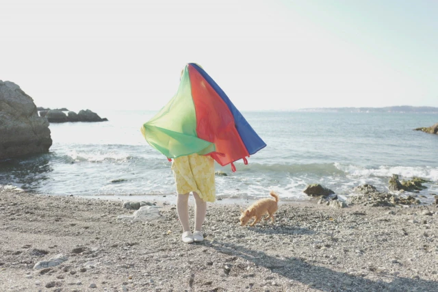 海辺でパラバルーンを被る人