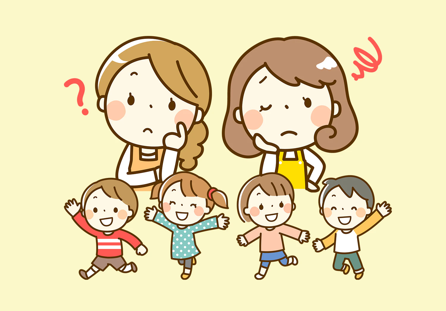 悩む保育士と遊ぶ子ども