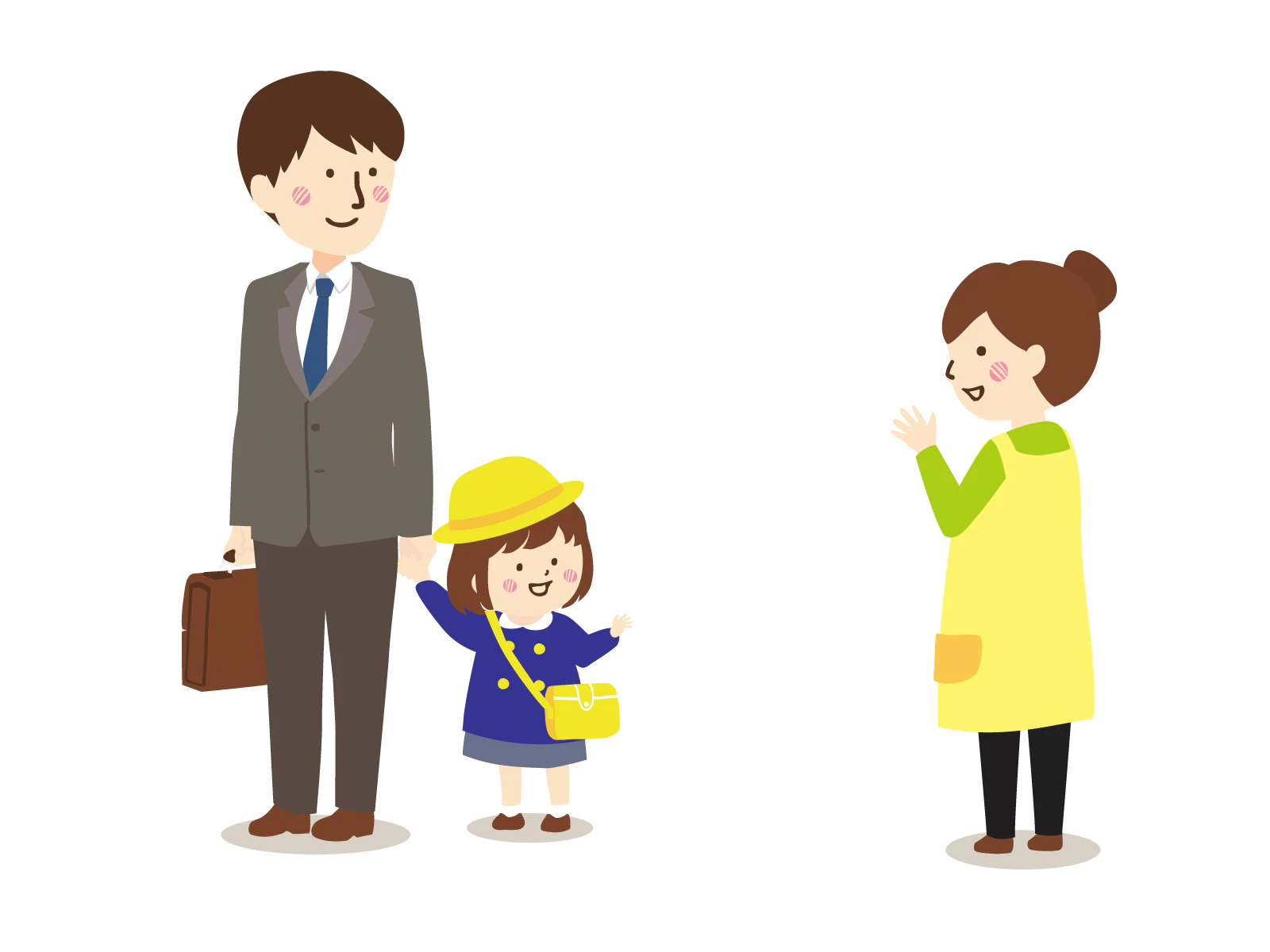 通園する親子と見送る母親