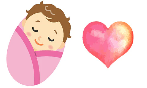 おくるみに包まれた赤ちゃんとハート