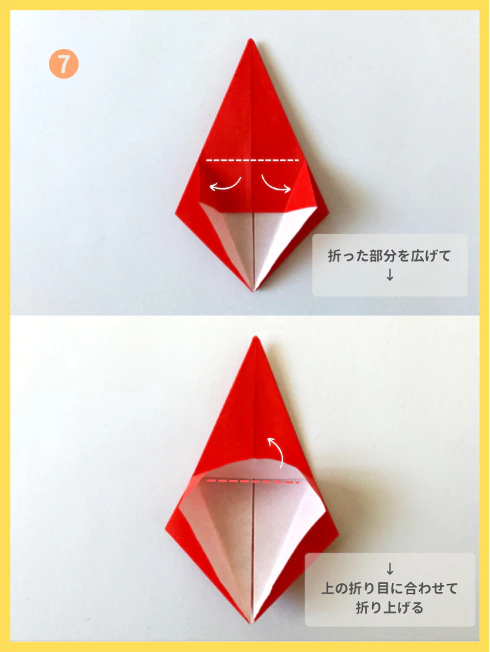 ⑦折った部分を広げ、上の折り目（点線部分）に合わせて折り上げる