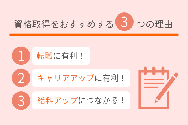 資格取得をおすすめする3つの理由 1転職に有利 2キャリアアップに有利 3給料アップにつながる