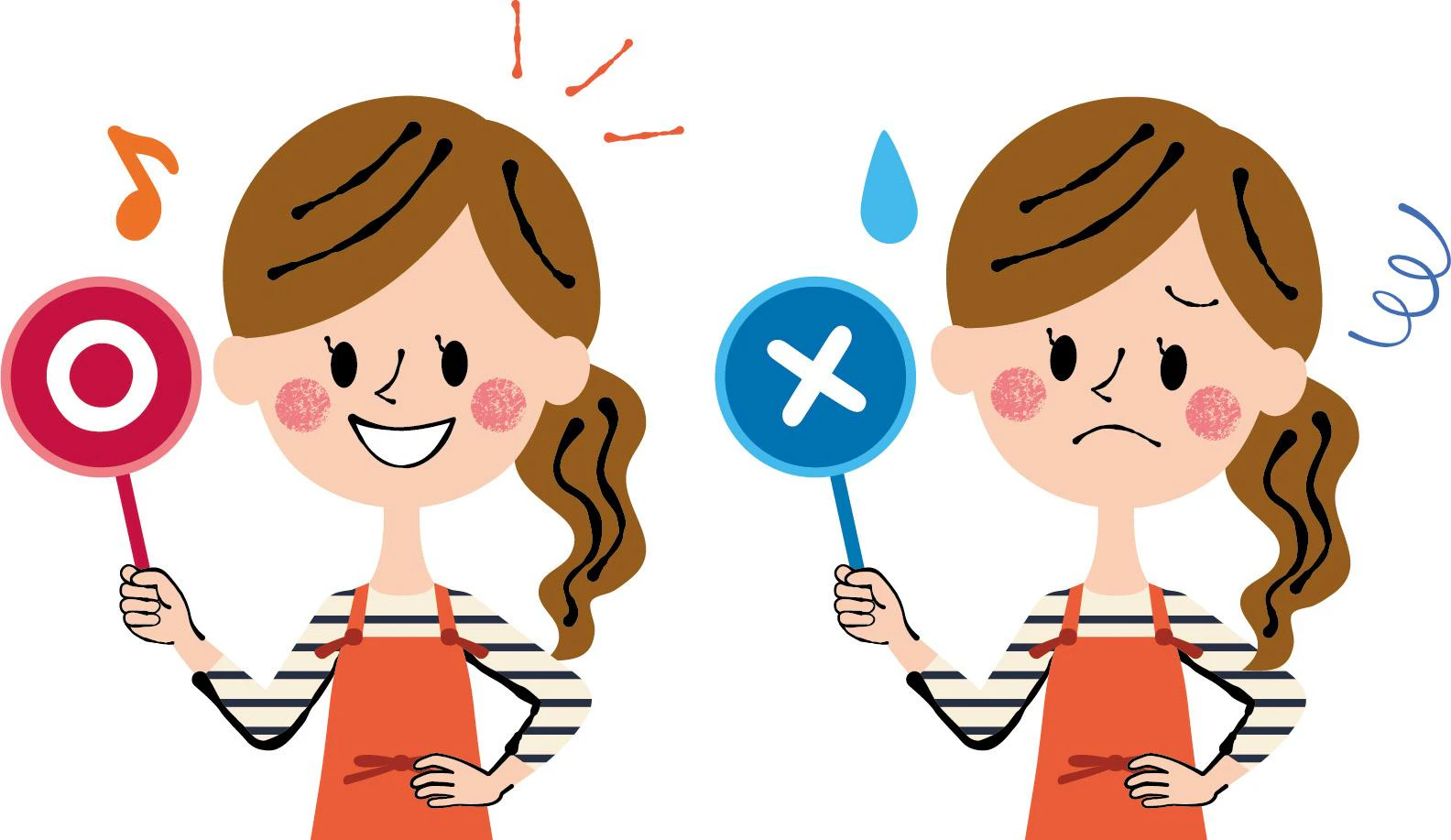 ⚪︎と×を掲げる女性のイラスト