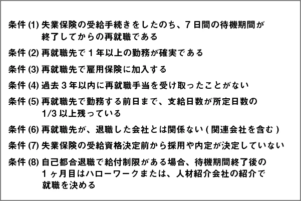 条件(1)失業保険の受給手続きをしたのち、7日間の待機期間が終了してからの再ある　条件(2)再就職先で1年以上の勤務が確実である　条件(3)再就職先で雇用保険に加入する　条件(4)過去3年以内に再就職手当を受け取ったことがない　条件(5)再就職先で勤務する前日まで、支給日数が所定日数の1/3以上残っている　条件(6)再就職先が、退職した会社とは関係ない(関連会社を含む)　条件(7)失業保険の受給資格決定前から採用や内定が決定していない　条件(8)自己都合退職で給付制限がある場合、待機期間終了後の1ヶ月目はハローワークまたは、人材紹介会社の紹介で就職を決める