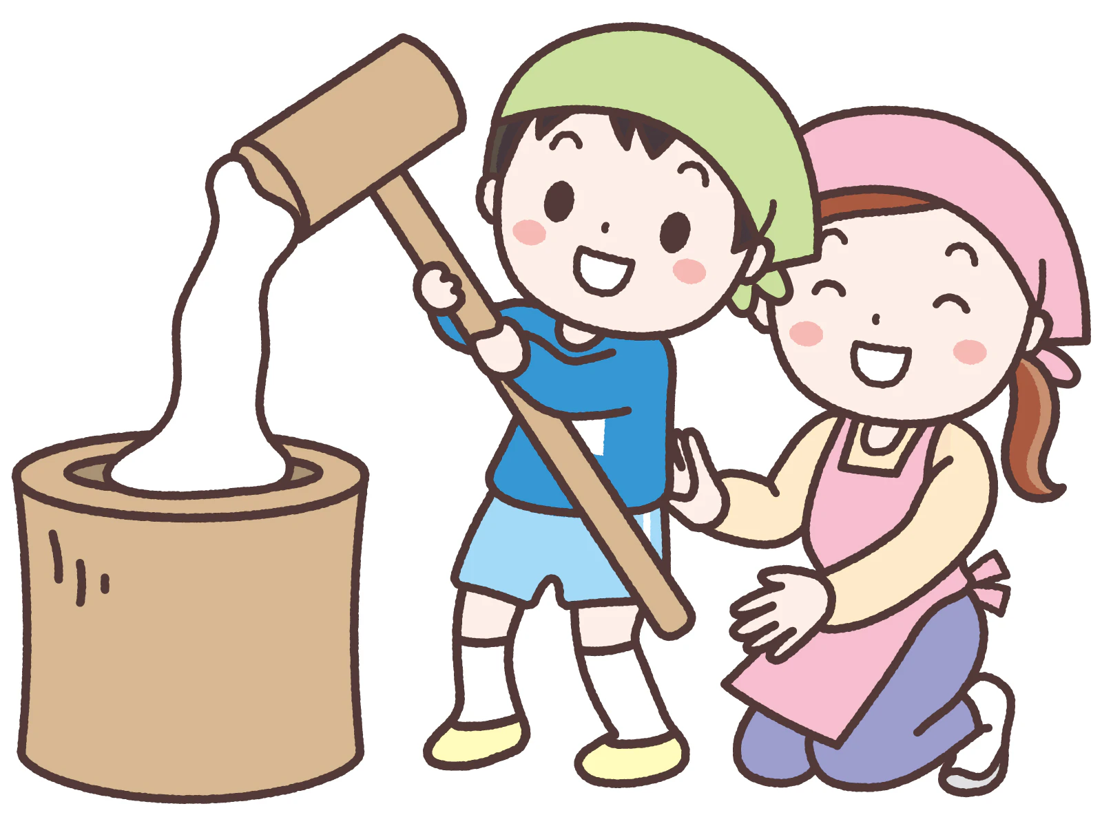 お餅つきをする子どもと保育士