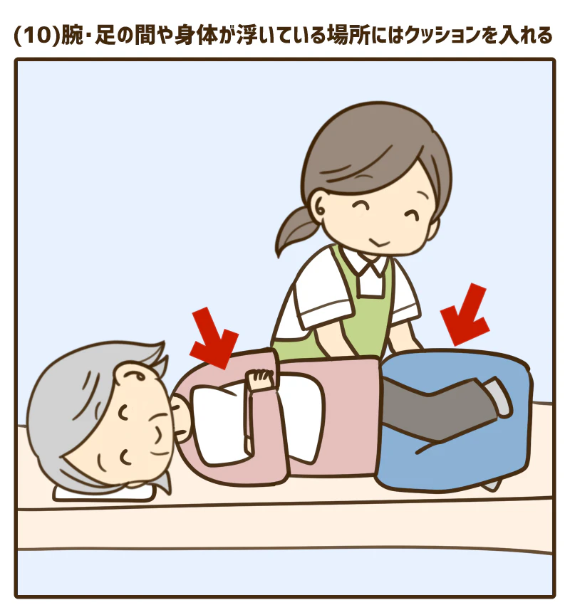 腕・足の間や身体が浮いている場所にはクッションを入れる