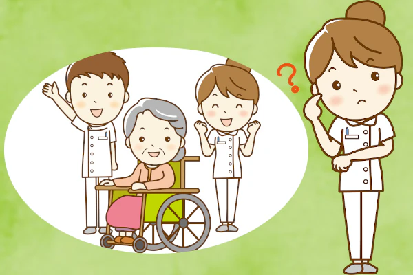 車いすに乗るおばあさんと看護師
