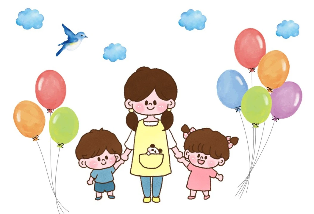 子どもと手をつなぐ保育士と風船