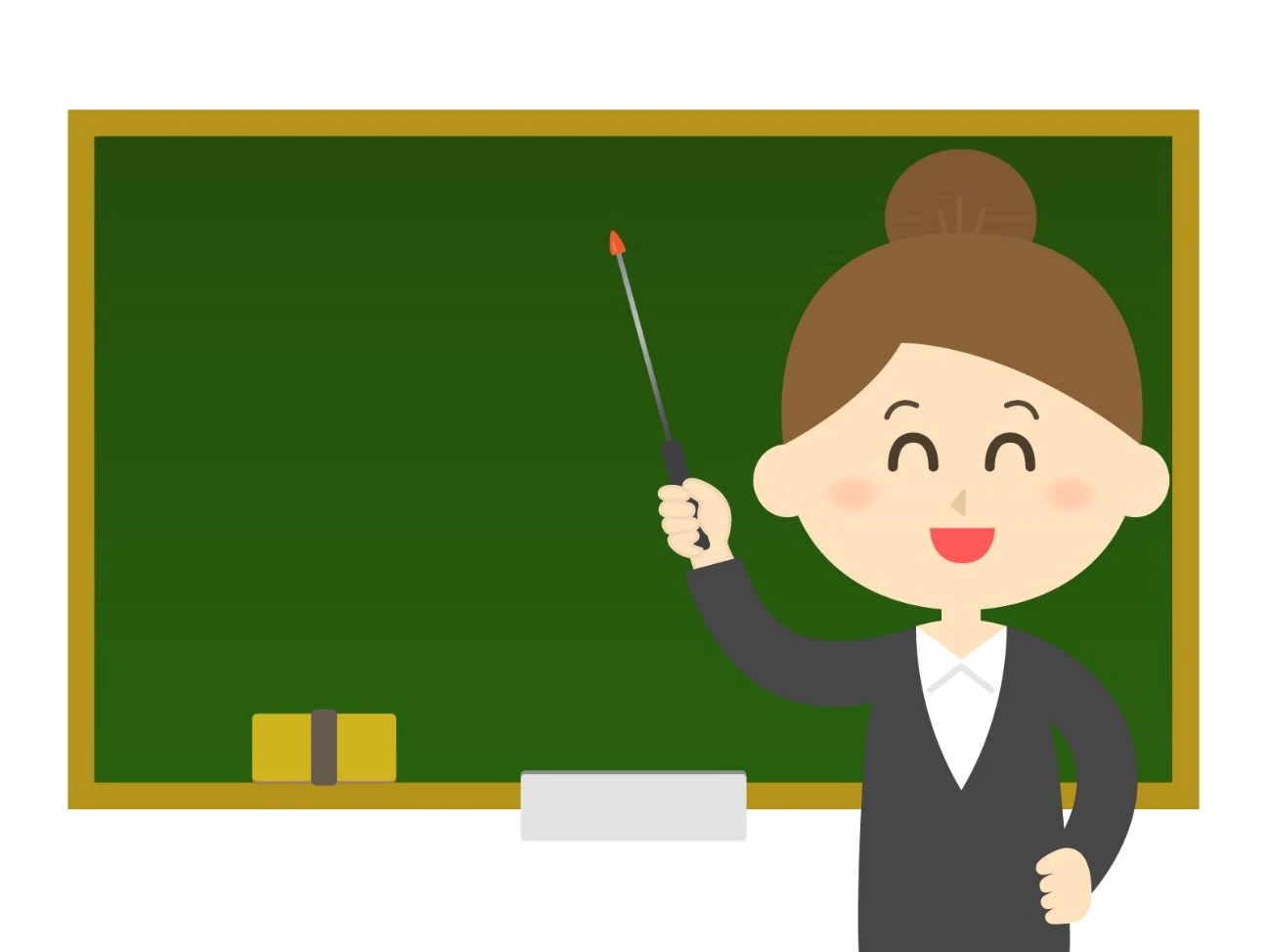 黒板の前でスーツを着た女性が指示棒をもって立っている