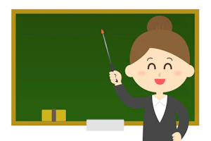 黒板の前でスーツを着た女性が指示棒をもって立っている