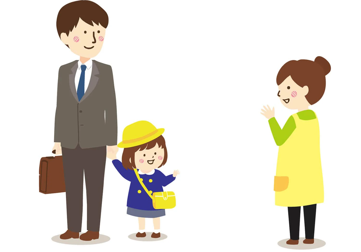 保育園から帰る親子と保育士のイラスト