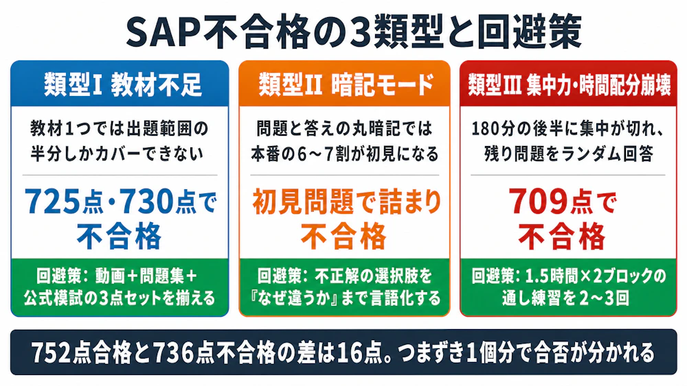 SAP不合格の3類型 - 教材不足・暗記モード・集中力崩壊の原因と回避策の対応図