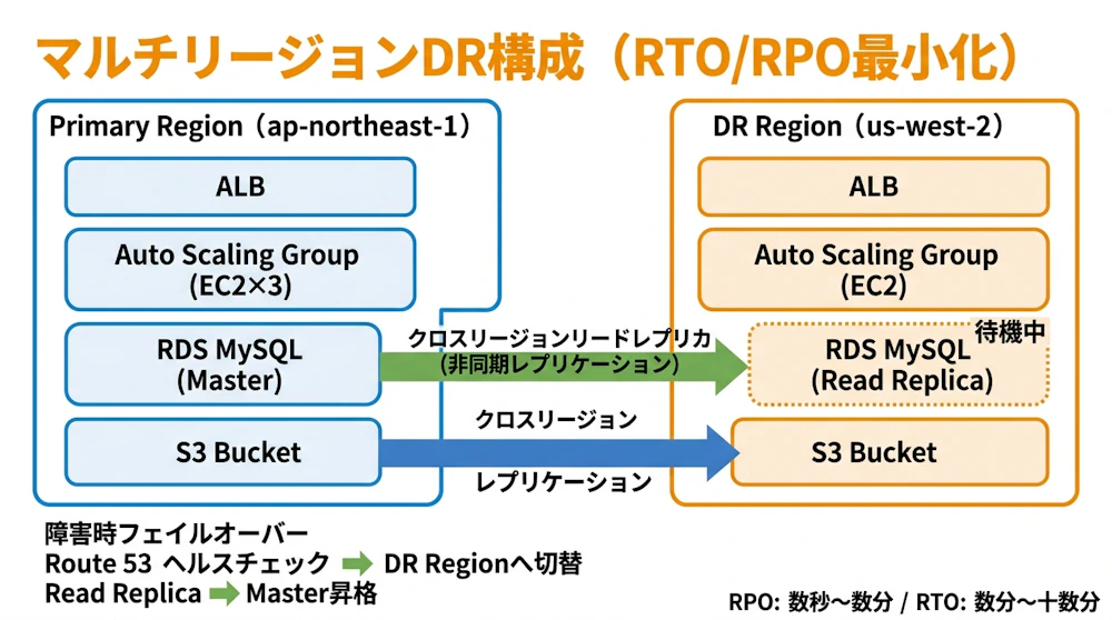 例題3 マルチリージョンDRアーキテクチャ構成図（RTO/RPO最小化）