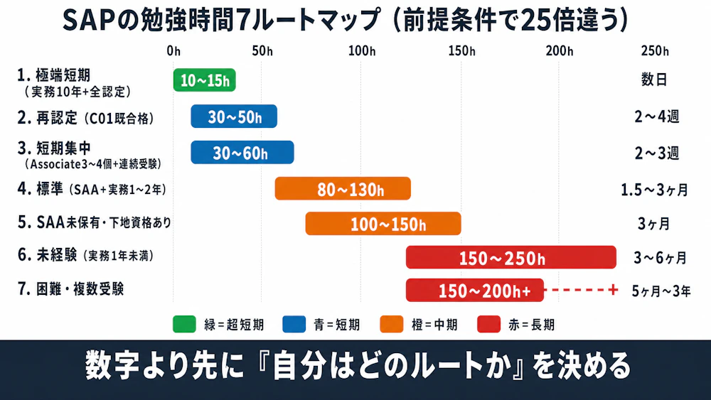 SAP勉強時間の7ルートマップ - Associate保有数と実務経験で10時間から250時間まで25倍の幅